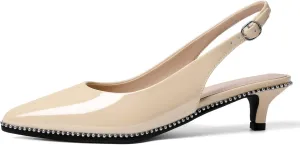 SAMMITOP Women's Slingback Kitten Heels Pointed Toe Low Heel Beaded Pumps with Ankle Strap Wedding Party Dressy Court Patent Shoes