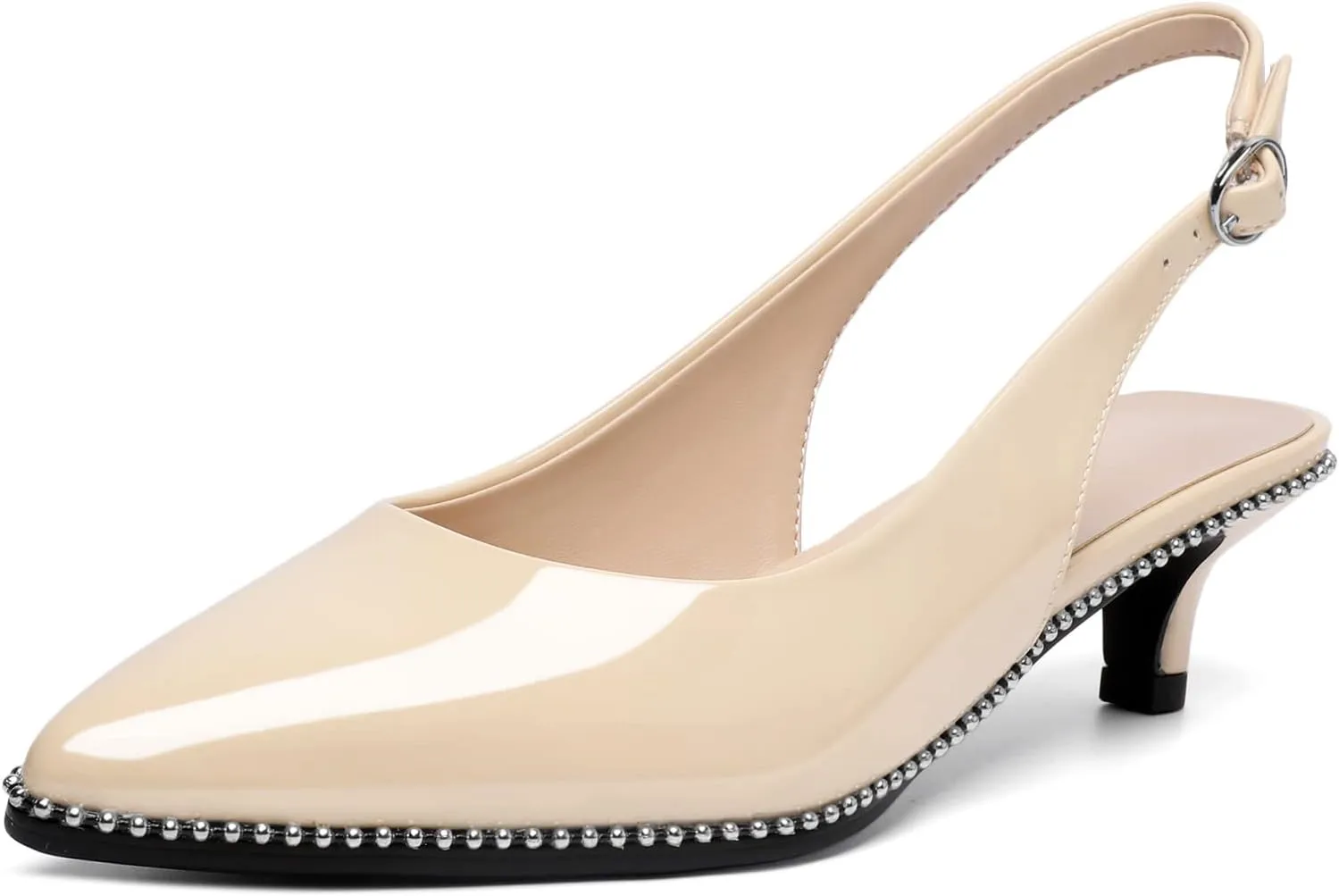 SAMMITOP Women's Slingback Kitten Heels Pointed Toe Low Heel Beaded Pumps with Ankle Strap Wedding Party Dressy Court Patent Shoes