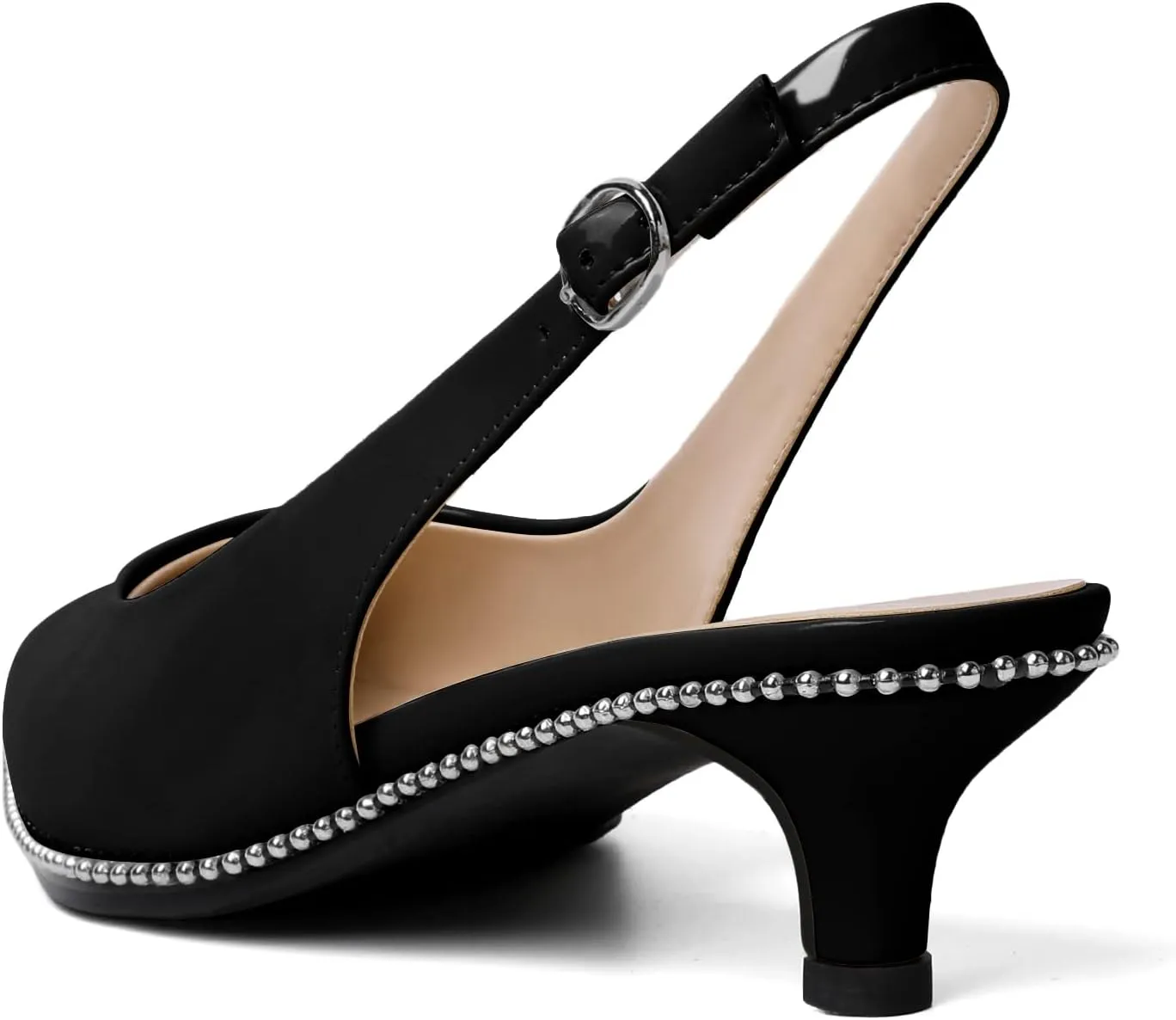SAMMITOP Women's Slingback Kitten Heels Pointed Toe Low Heel Beaded Pumps with Ankle Strap Wedding Party Dressy Court Patent Shoes