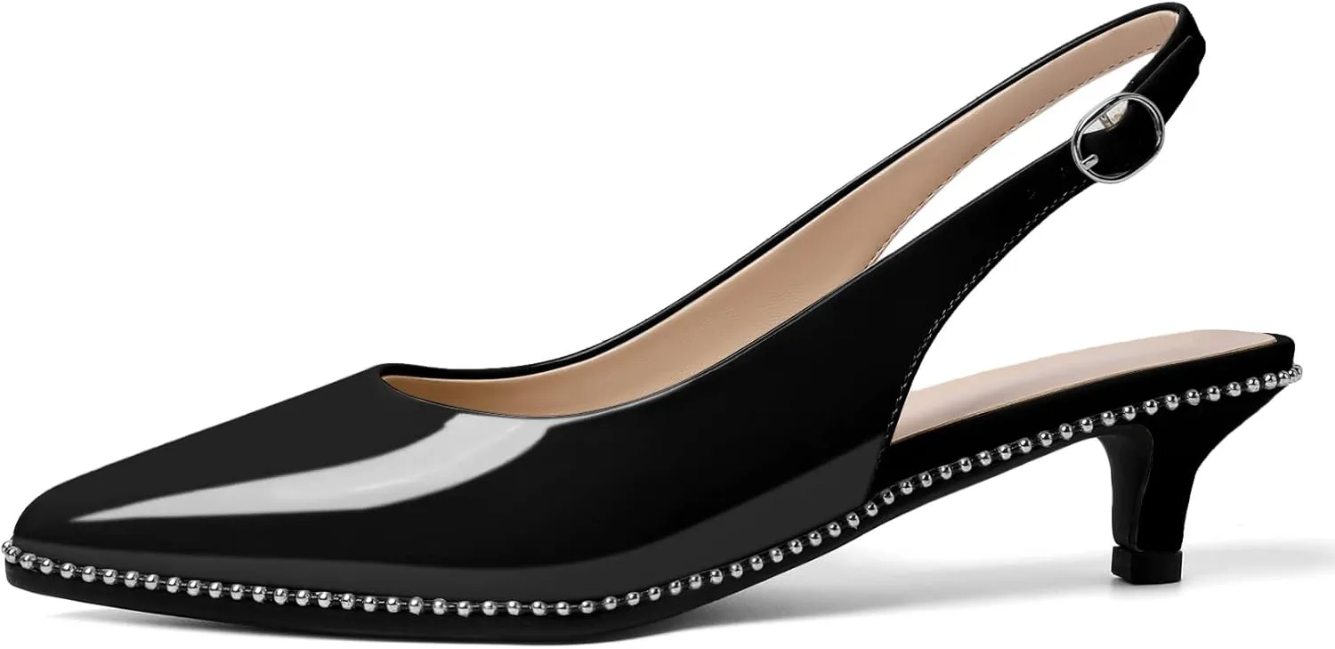 SAMMITOP Women's Slingback Kitten Heels Pointed Toe Low Heel Beaded Pumps with Ankle Strap Wedding Party Dressy Court Patent Shoes