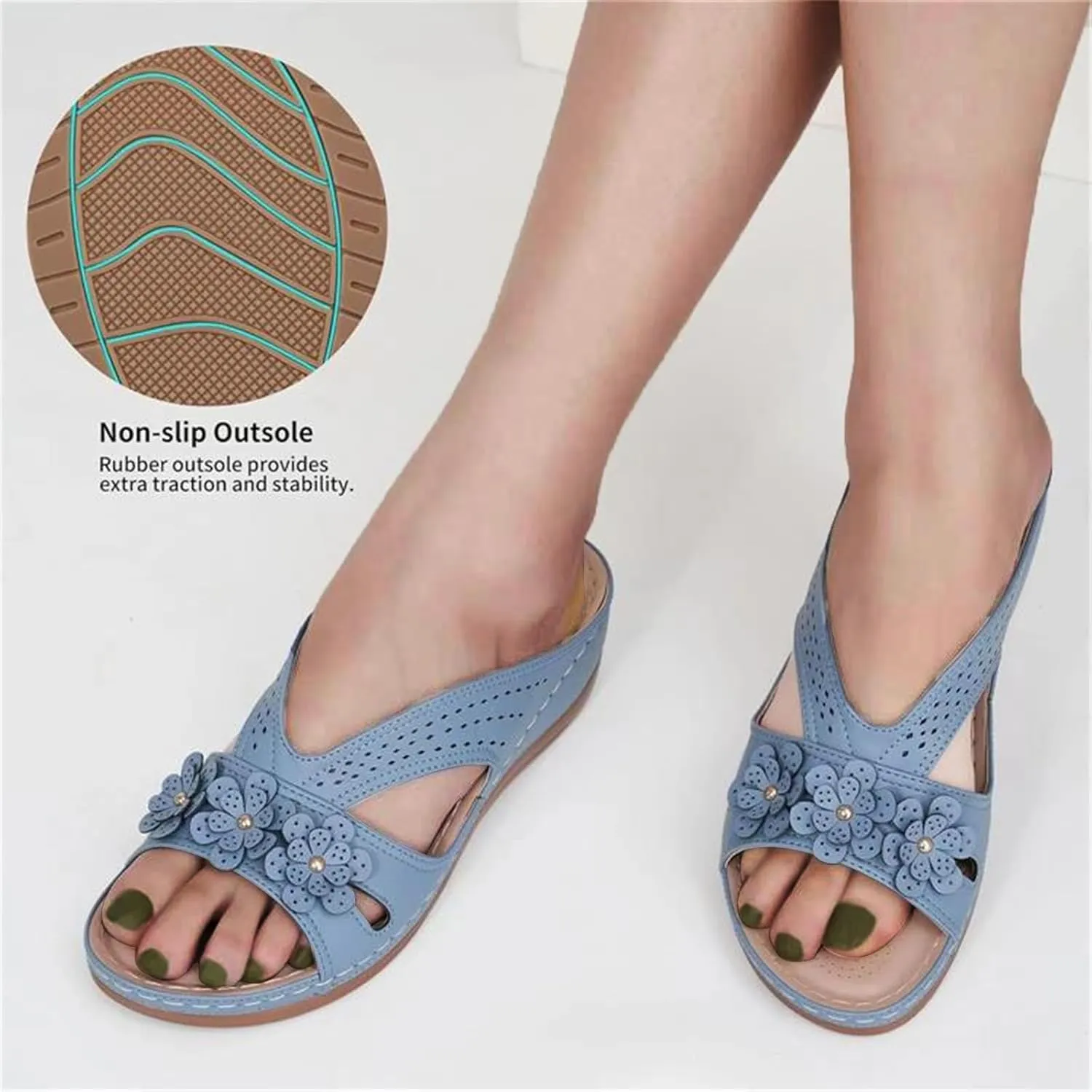 Sandals for Women Wedge Shoes Slip On Dressy Summer Comfortable Slides Arch Support with Flowers Sandal Casual Comfort Lightweight Cross Strap Sandals-Shock Platform Fishmouth Slippers