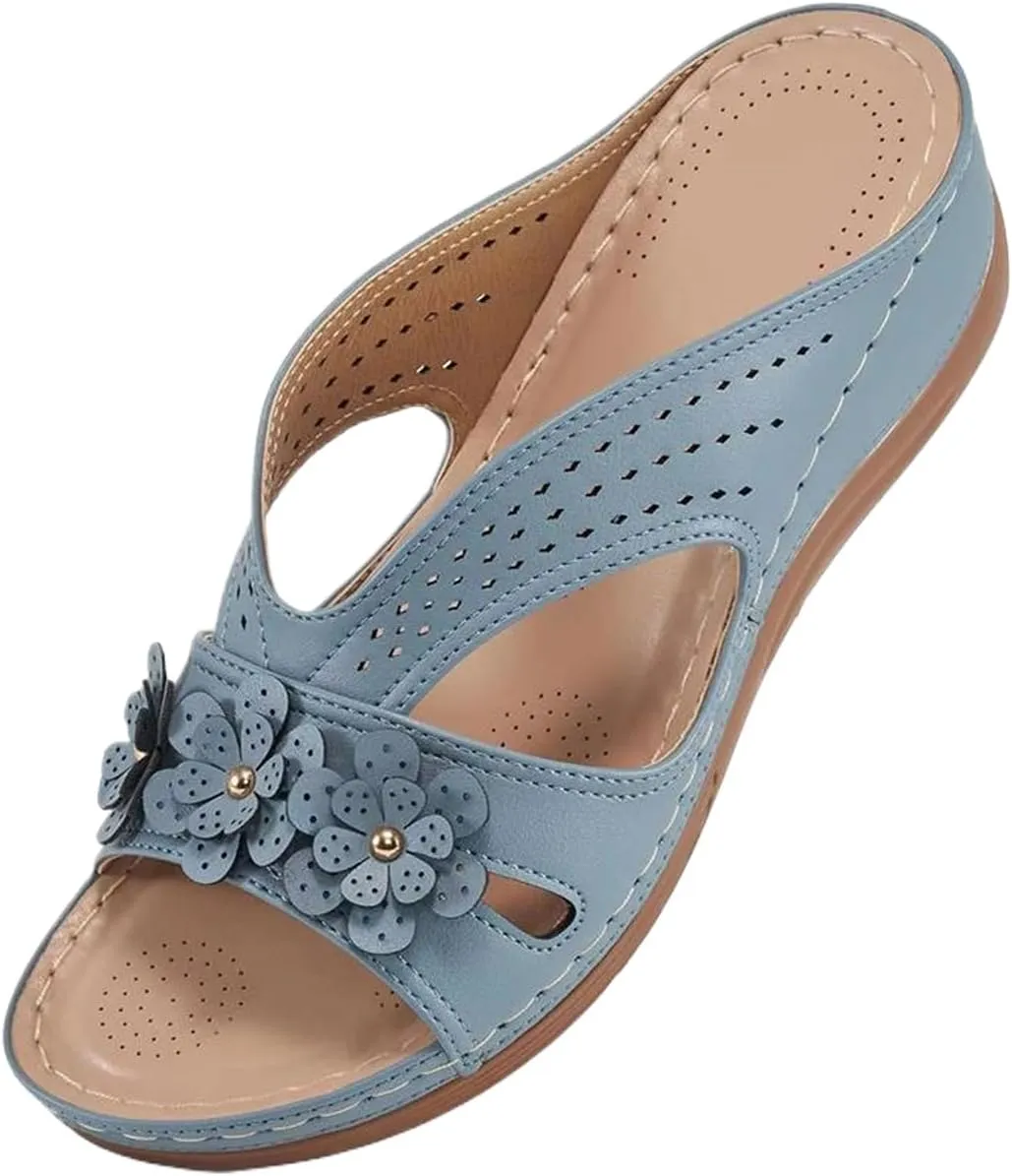 Sandals for Women Wedge Shoes Slip On Dressy Summer Comfortable Slides Arch Support with Flowers Sandal Casual Comfort Lightweight Cross Strap Sandals-Shock Platform Fishmouth Slippers