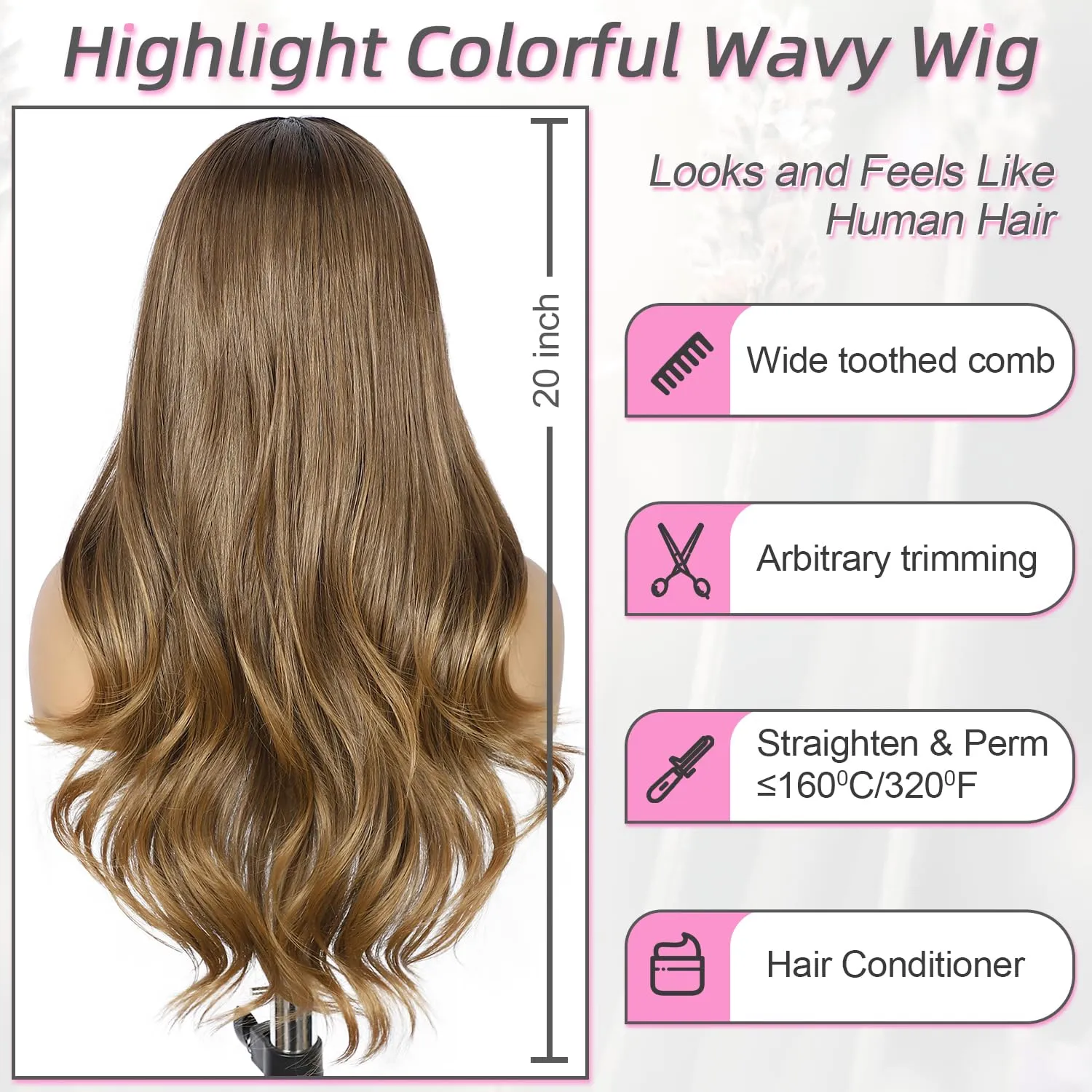 SAPPHIREWIGS Brown Wavy Wig 13x4 Lace Front Wigs Highlight Chestnut Brown with Tips Glueless Synthetic Wigs for Women Pre Plucked Heat Resistant Hair 20 Inches