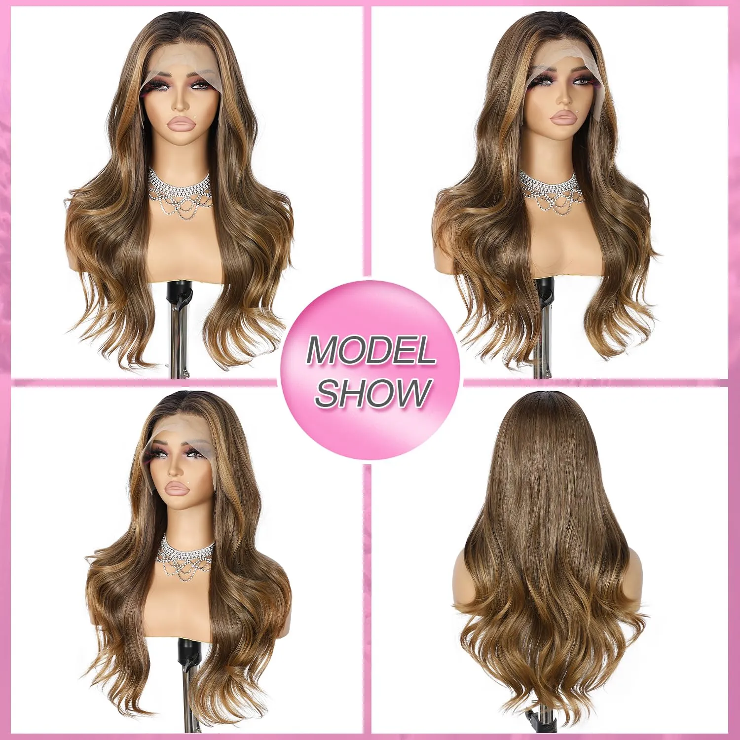 SAPPHIREWIGS Brown Wavy Wig 13x4 Lace Front Wigs Highlight Chestnut Brown with Tips Glueless Synthetic Wigs for Women Pre Plucked Heat Resistant Hair 20 Inches