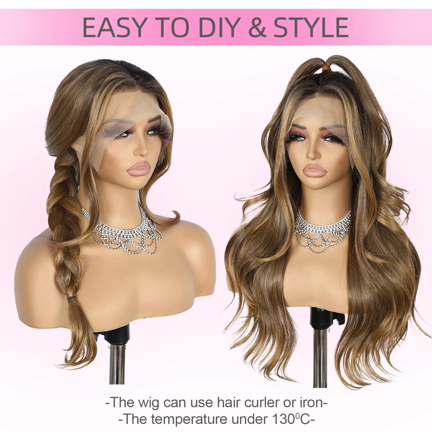 SAPPHIREWIGS Brown Wavy Wig 13x4 Lace Front Wigs Highlight Chestnut Brown with Tips Glueless Synthetic Wigs for Women Pre Plucked Heat Resistant Hair 20 Inches