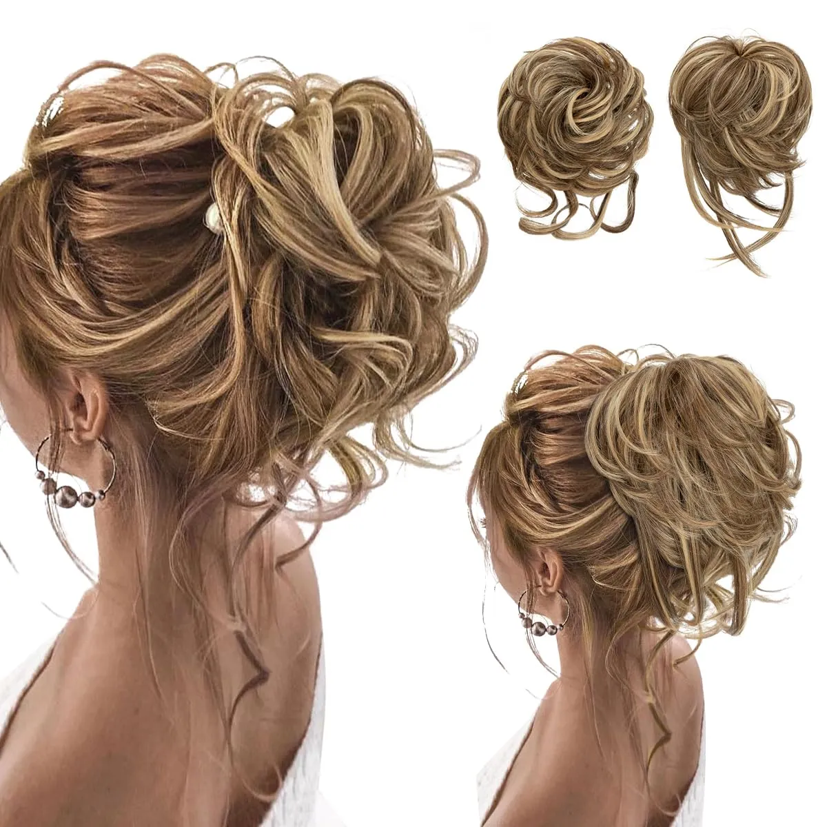 SARLA 2PCS Messy Bun Hair Pieces for Women Wavy Curly Synthetic Hairpieces for Updos with Tendrils Fake Scrunchies Ponytail Extension Bernstein Multi