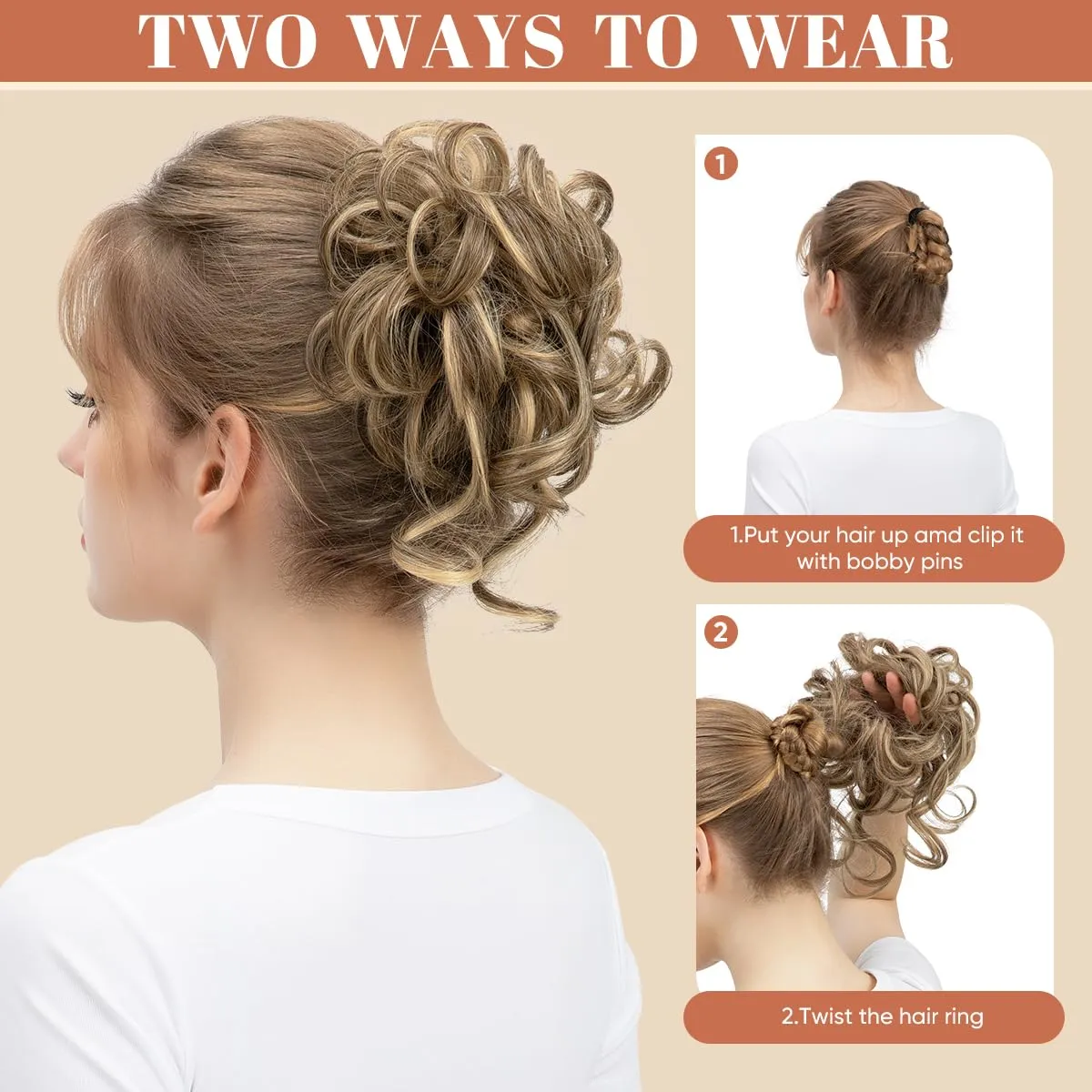SARLA 2PCS Messy Bun Hair Pieces for Women Wavy Curly Synthetic Hairpieces for Updos with Tendrils Fake Scrunchies Ponytail Extension Bernstein Multi