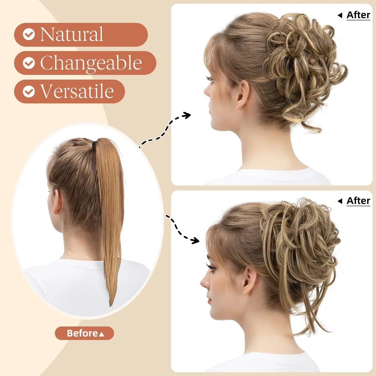 SARLA 2PCS Messy Bun Hair Pieces for Women Wavy Curly Synthetic Hairpieces for Updos with Tendrils Fake Scrunchies Ponytail Extension Bernstein Multi