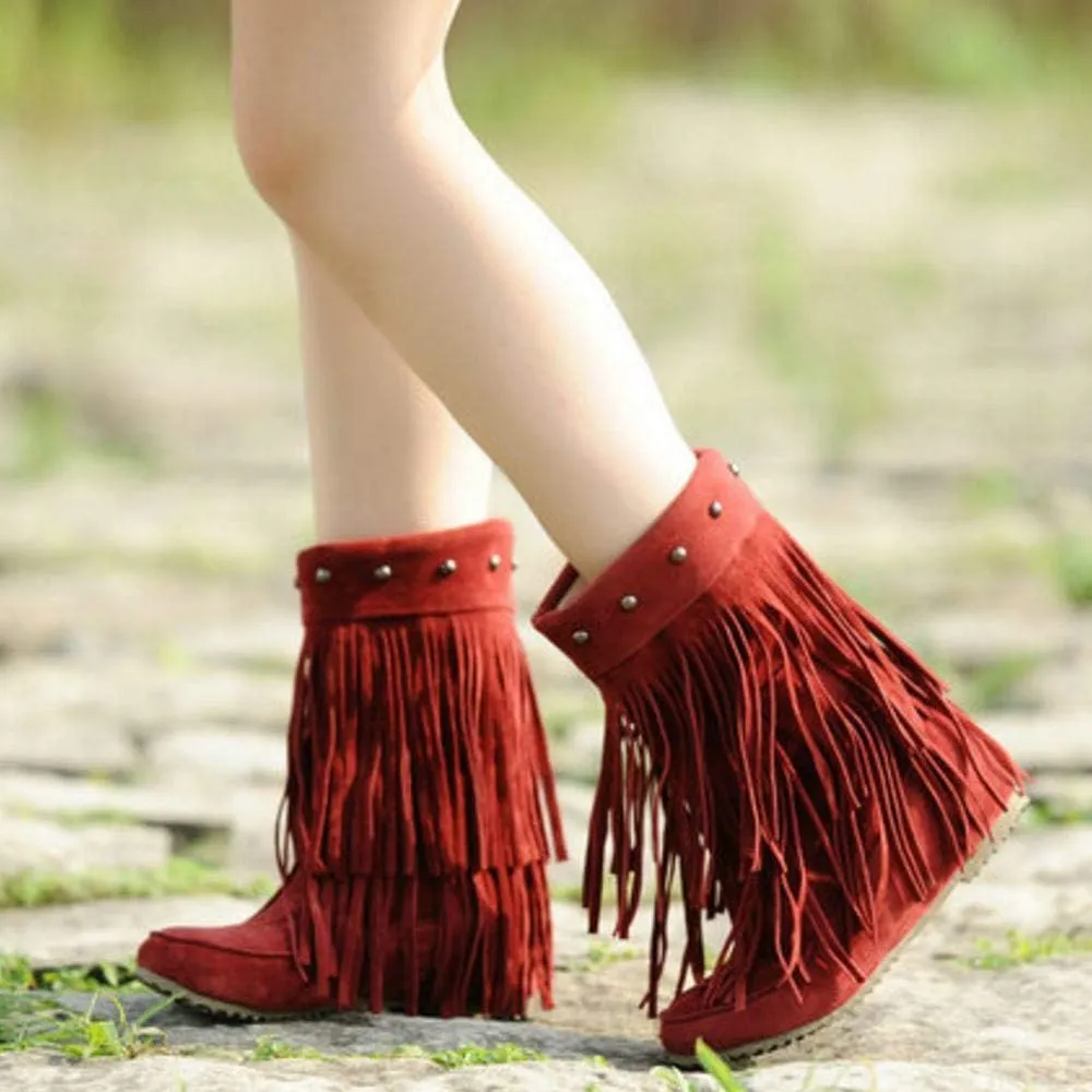 Scaoruki Classic Fringe Mid Women Boots Pull On Flat Winter Shoes