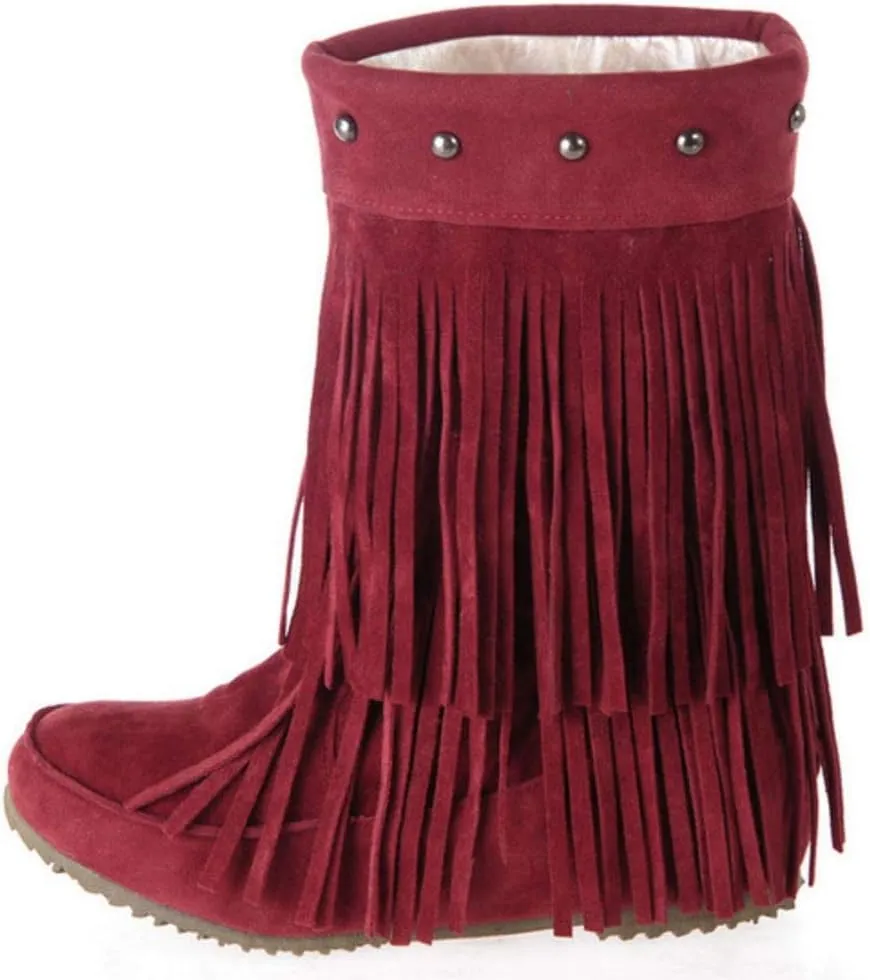 Scaoruki Classic Fringe Mid Women Boots Pull On Flat Winter Shoes