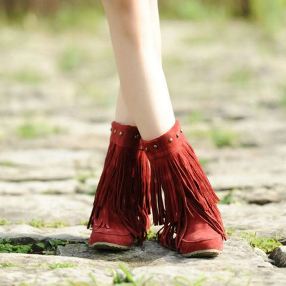 Scaoruki Classic Fringe Mid Women Boots Pull On Flat Winter Shoes