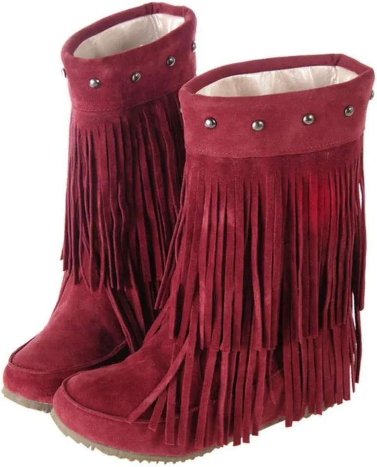 Scaoruki Classic Fringe Mid Women Boots Pull On Flat Winter Shoes