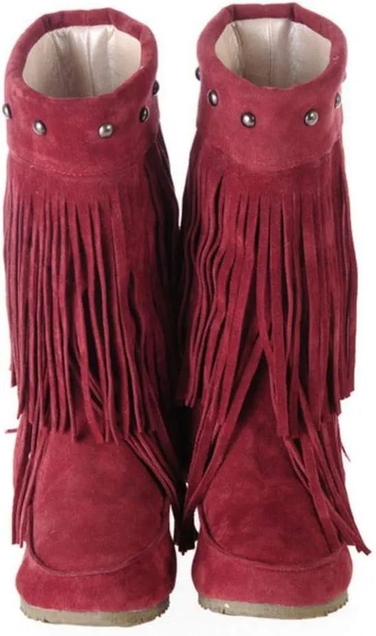 Scaoruki Classic Fringe Mid Women Boots Pull On Flat Winter Shoes