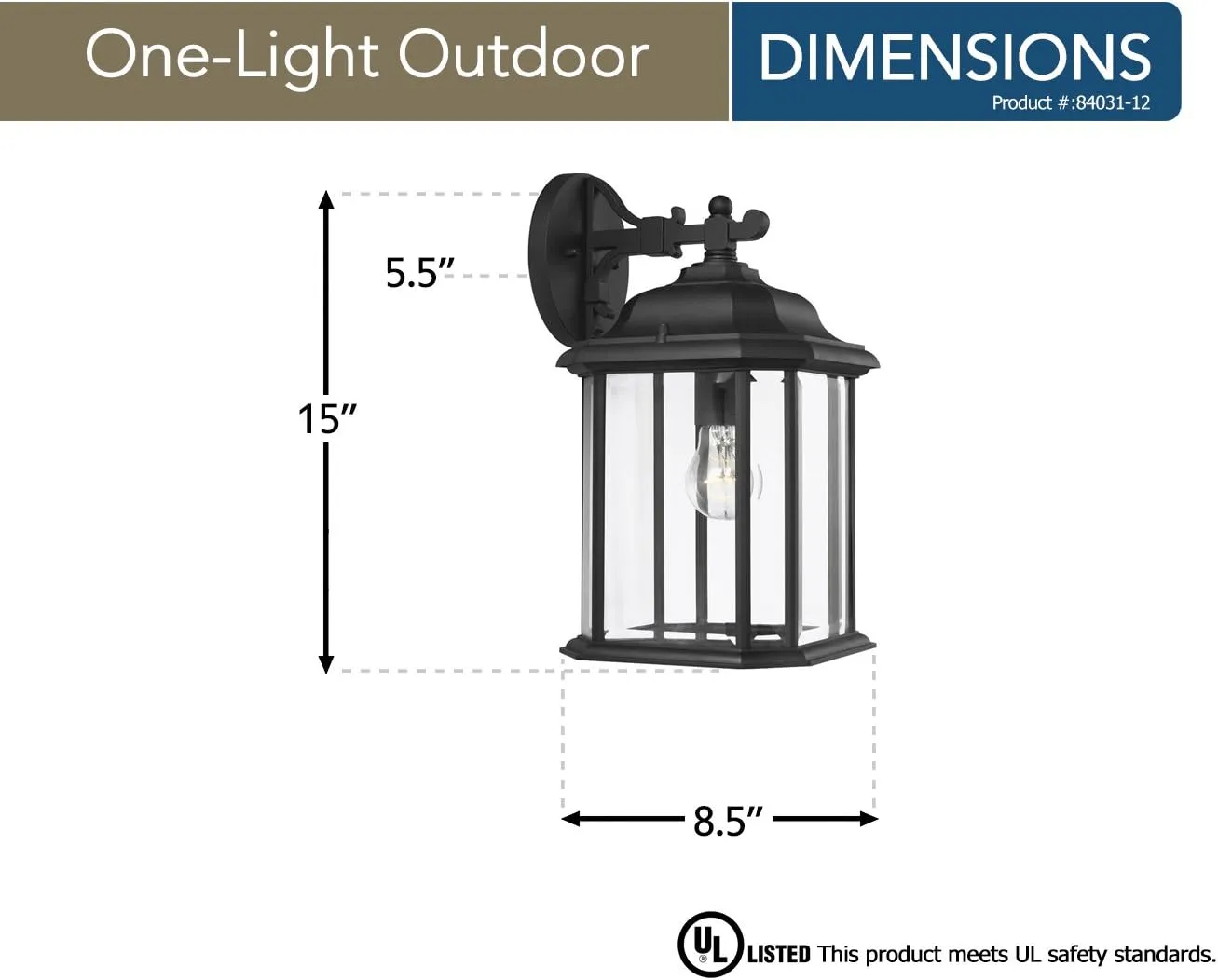 Sea Gull Lighting 84031-12 Kent One-Light Outdoor Wall Lantern with Clear Beveled Glass Panels, Black Finish