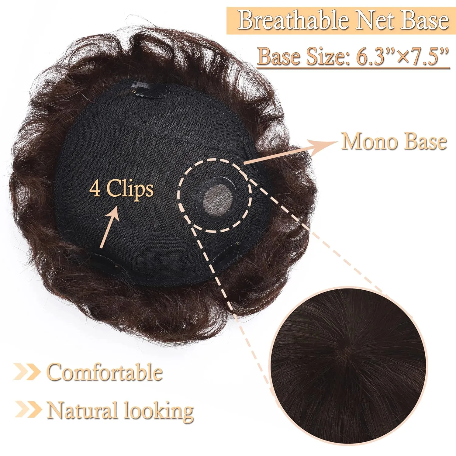 SEGO Men's Toupee Human Hair Topper for Women With Short Hair 150% Density 16x19cm Mono Base 100% Human Hair 4 Inch Short Curly Hairpiece Replacement Wig -Medium Brown
