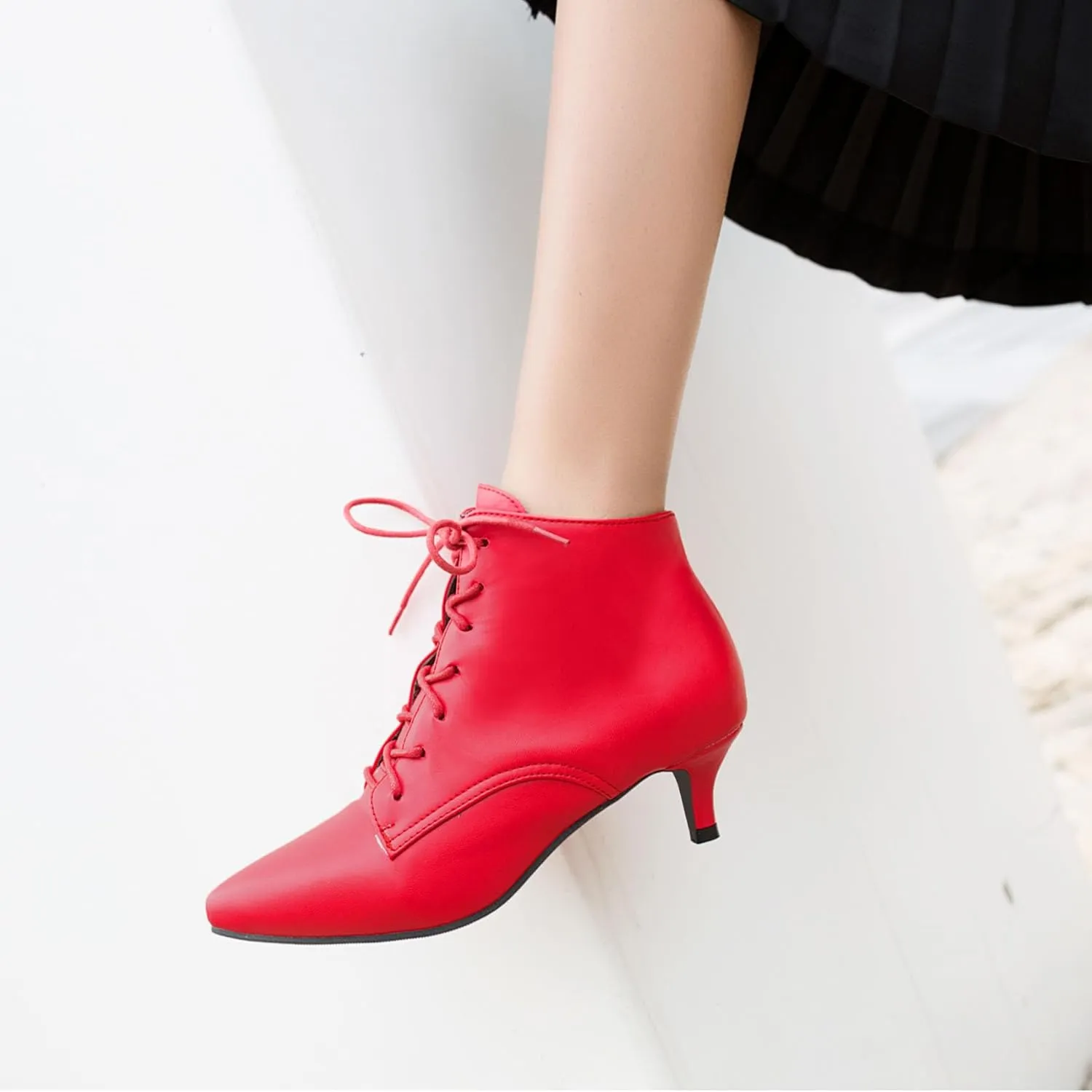 SEIFIN Kitten Heel Ankle Booties for Women Lace Up Pointed Toe Low Heels Short Boots