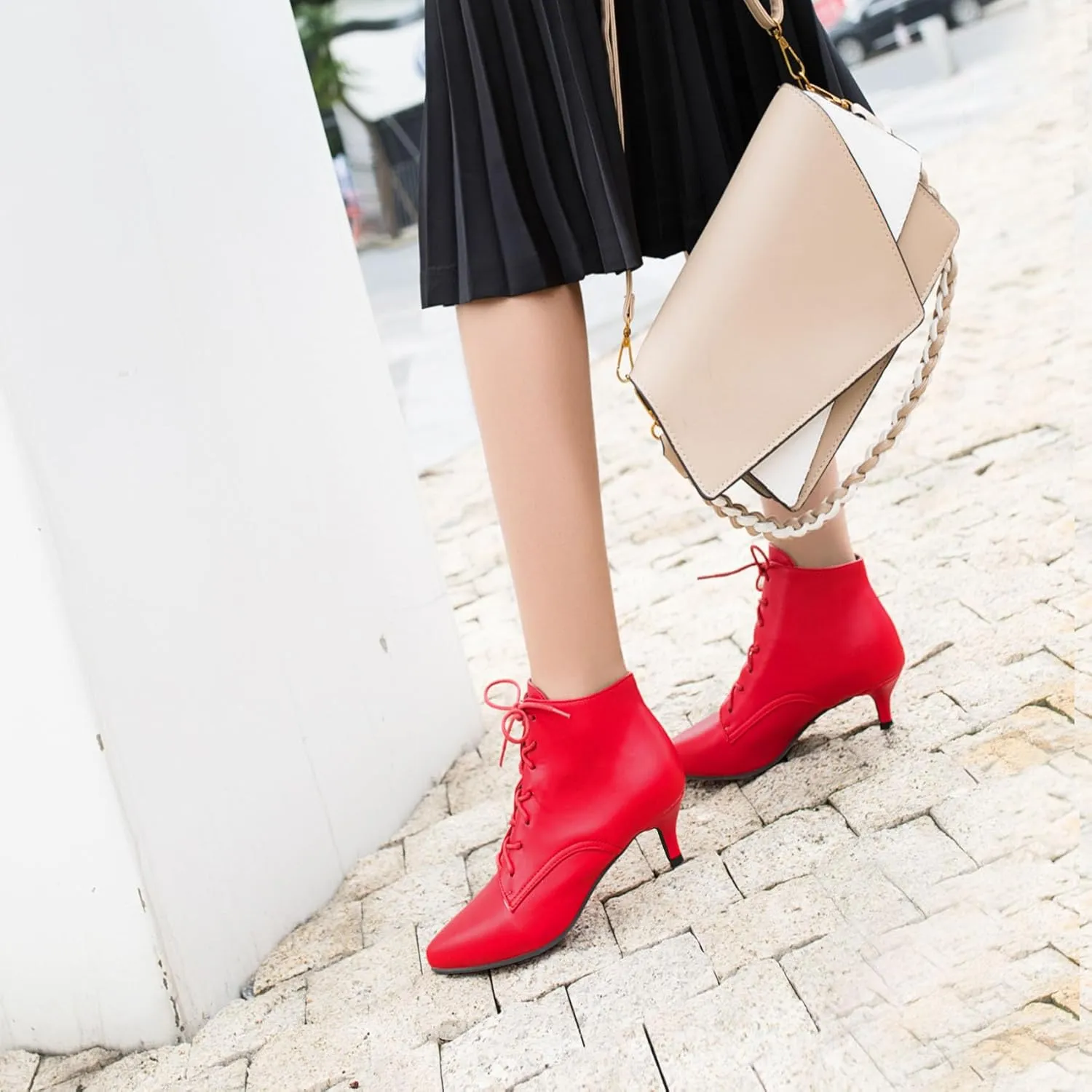 SEIFIN Kitten Heel Ankle Booties for Women Lace Up Pointed Toe Low Heels Short Boots