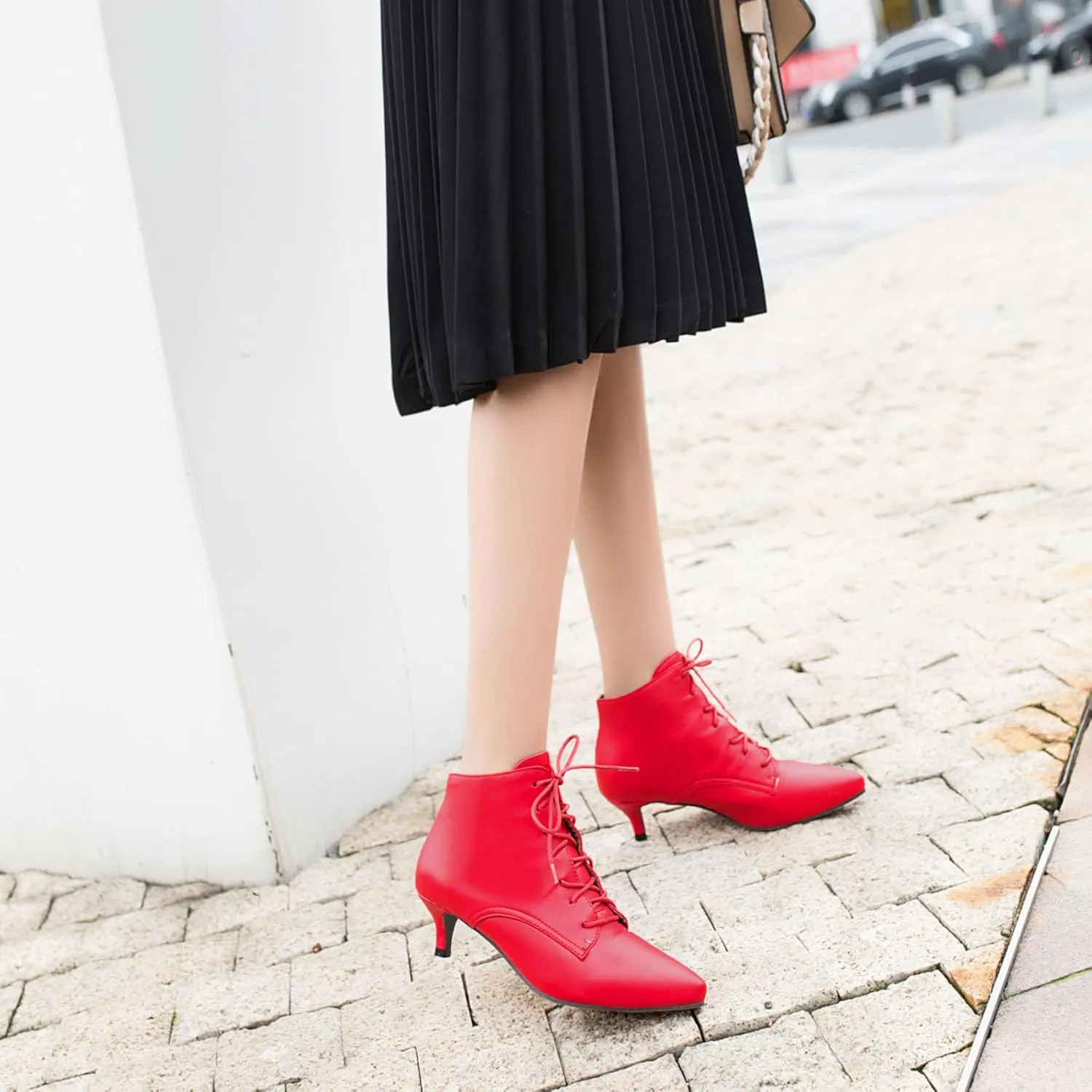 SEIFIN Kitten Heel Ankle Booties for Women Lace Up Pointed Toe Low Heels Short Boots