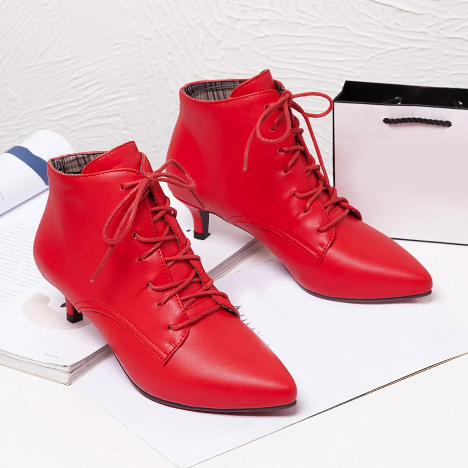 SEIFIN Kitten Heel Ankle Booties for Women Lace Up Pointed Toe Low Heels Short Boots