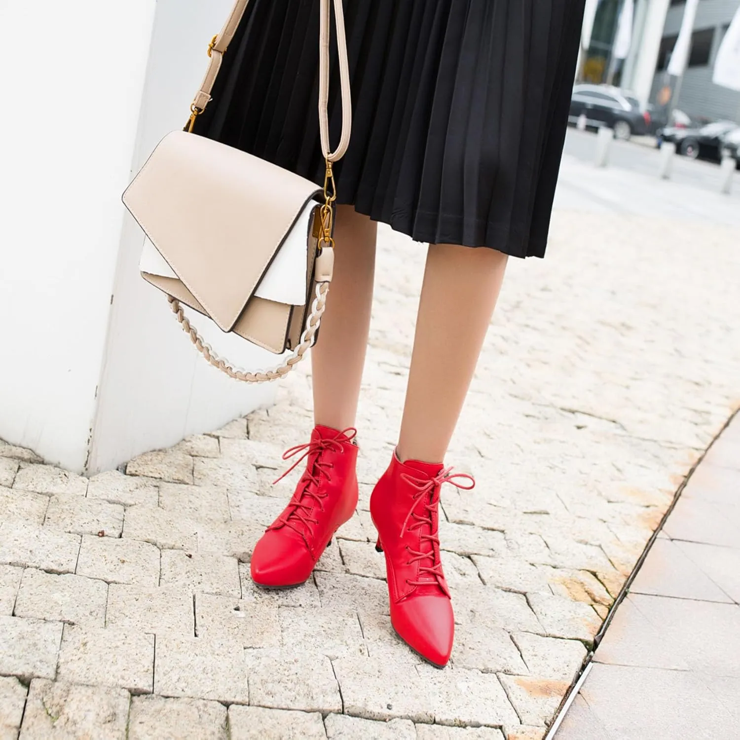 SEIFIN Kitten Heel Ankle Booties for Women Lace Up Pointed Toe Low Heels Short Boots