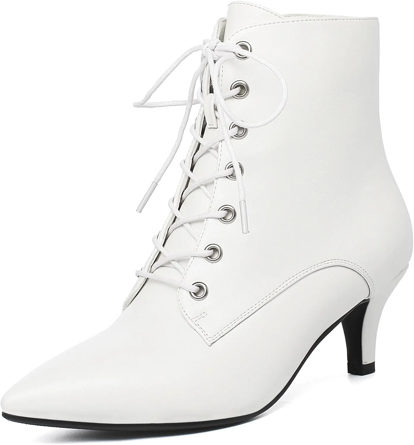 SEIFIN Women's Kitten Heels Lace Up Ankle Boots Low Mid Heeled Side Zipper Short Booties Pointed-Toe Shoes
