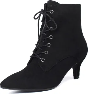 SEIFIN Women's Kitten Heels Lace Up Ankle Boots Low Mid Heeled Side Zipper Short Booties Pointed-toe Shoes