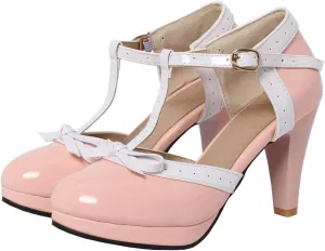 SHEMEE Women's Block High Heels T-Strap Mary Jane Pumps Chunky Platform Ankle Strap Round Toe Cute Bow Kawaii Cosplay Shoes