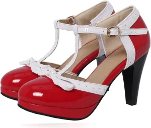 SHEMEE Women's Block High Heels T-Strap Mary Jane Pumps Chunky Platform Ankle Strap Round Toe Cute Bow Kawaii Cosplay Shoes
