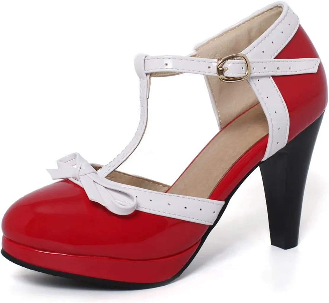 SHEMEE Women's Block High Heels T-Strap Mary Jane Pumps Chunky Platform Ankle Strap Round Toe Cute Bow Kawaii Cosplay Shoes