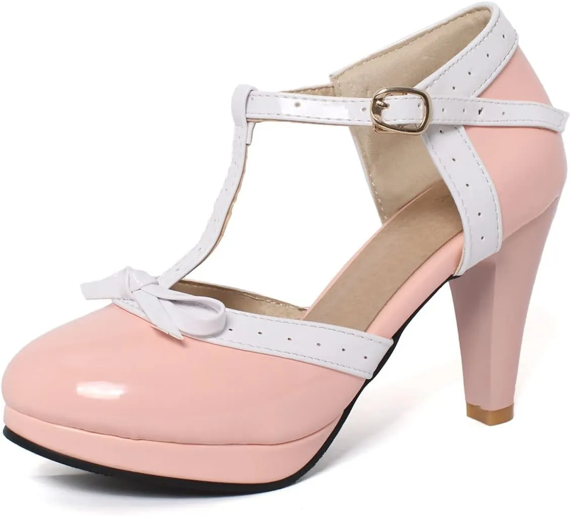SHEMEE Women's Block High Heels T-Strap Mary Jane Pumps Chunky Platform Ankle Strap Round Toe Cute Bow Kawaii Cosplay Shoes
