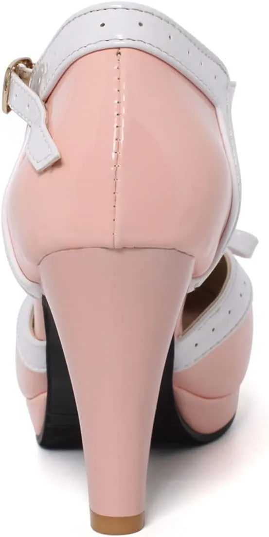 SHEMEE Women's Block High Heels T-Strap Mary Jane Pumps Chunky Platform Ankle Strap Round Toe Cute Bow Kawaii Cosplay Shoes