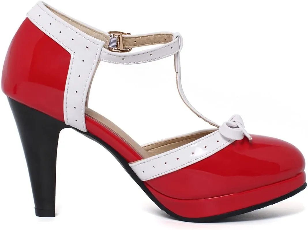 SHEMEE Women's Block High Heels T-Strap Mary Jane Pumps Chunky Platform Ankle Strap Round Toe Cute Bow Kawaii Cosplay Shoes