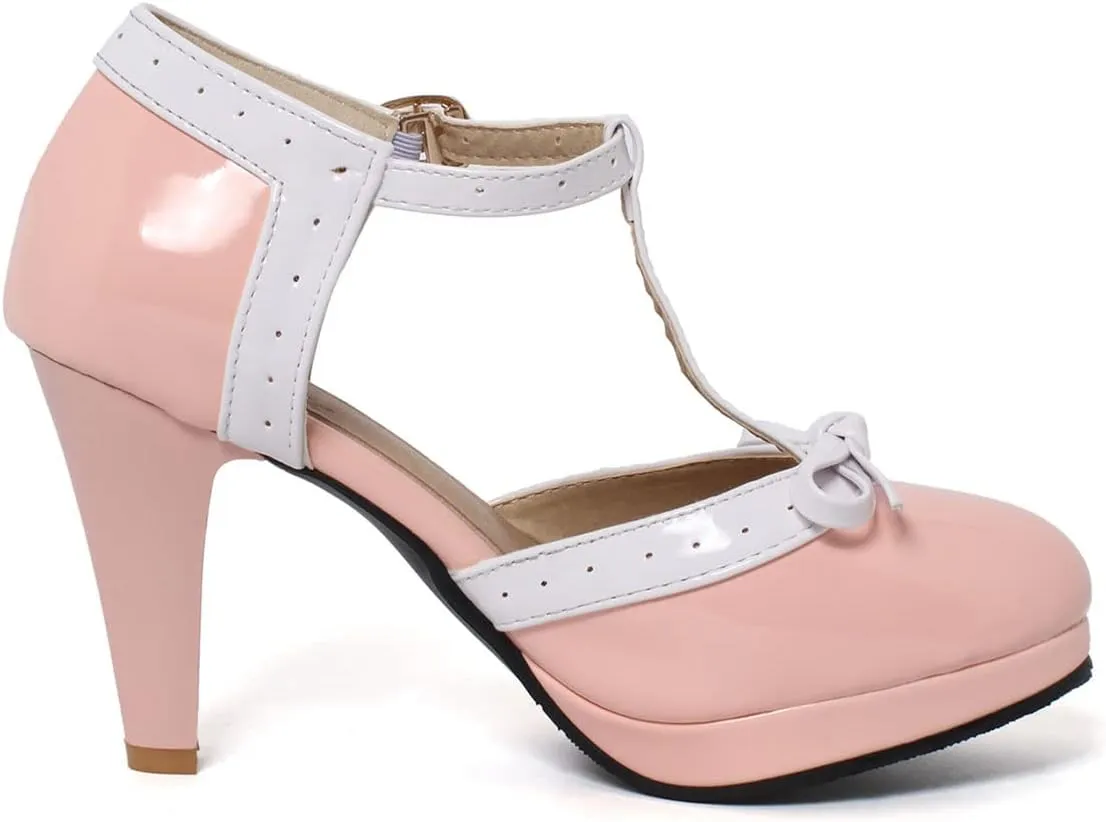 SHEMEE Women's Block High Heels T-Strap Mary Jane Pumps Chunky Platform Ankle Strap Round Toe Cute Bow Kawaii Cosplay Shoes