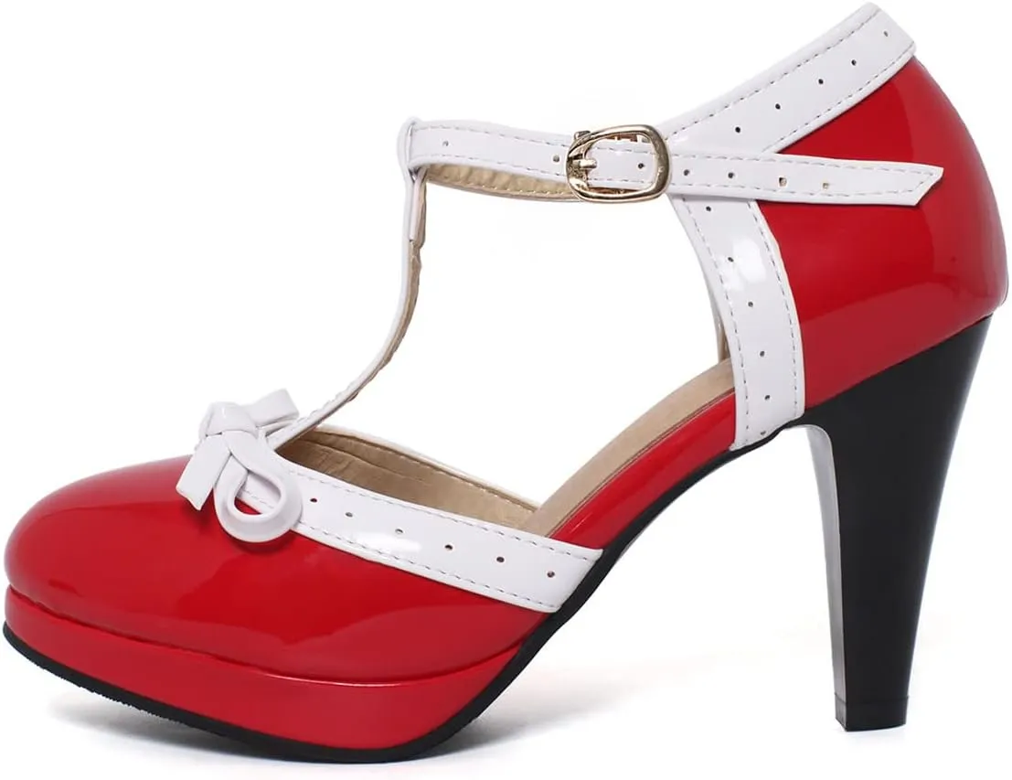 SHEMEE Women's Block High Heels T-Strap Mary Jane Pumps Chunky Platform Ankle Strap Round Toe Cute Bow Kawaii Cosplay Shoes