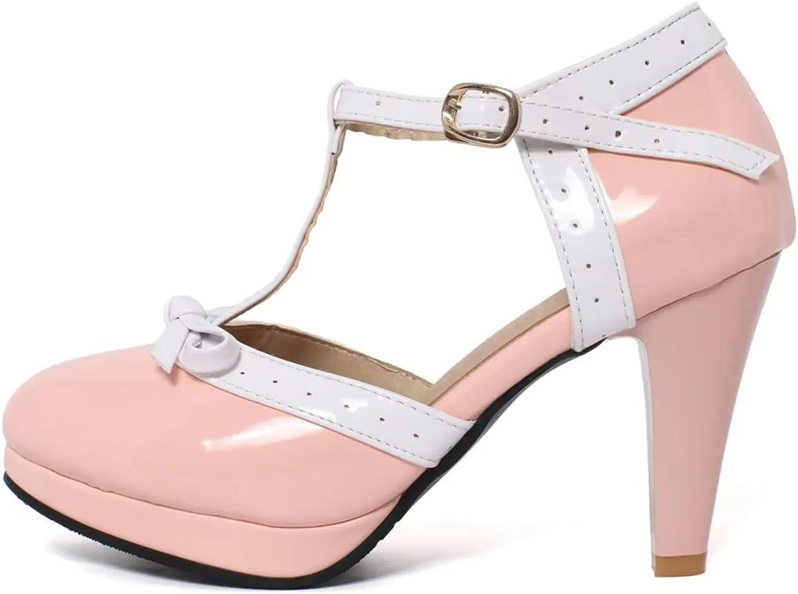 SHEMEE Women's Block High Heels T-Strap Mary Jane Pumps Chunky Platform Ankle Strap Round Toe Cute Bow Kawaii Cosplay Shoes