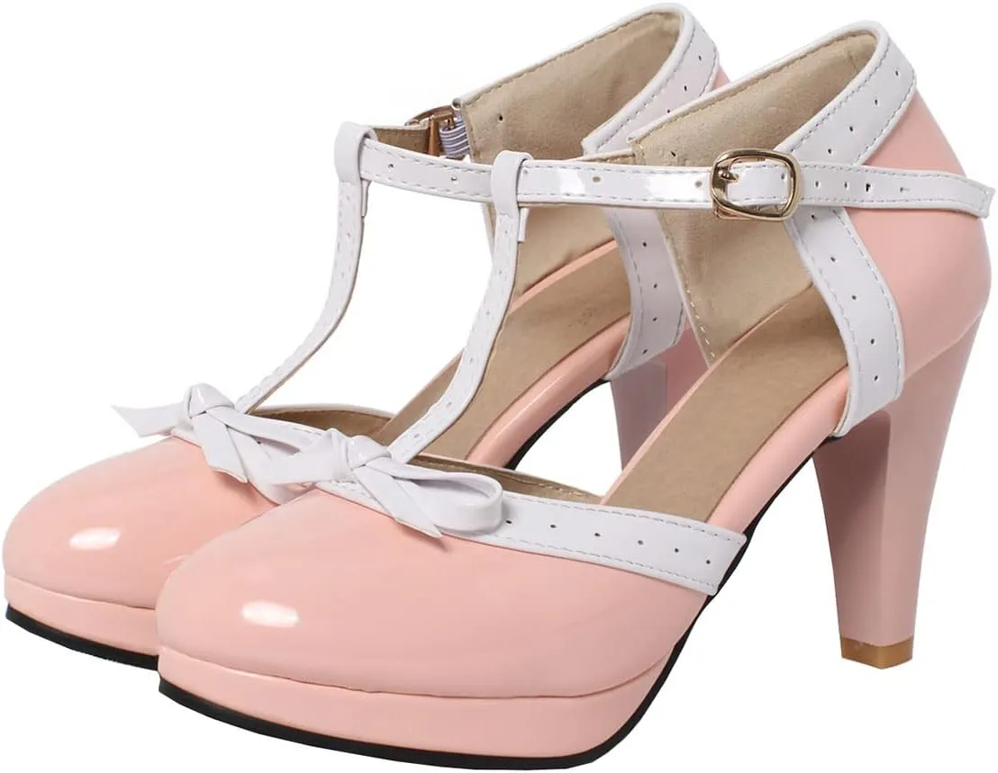 SHEMEE Women's Block High Heels T-Strap Mary Jane Pumps Chunky Platform Ankle Strap Round Toe Cute Bow Kawaii Cosplay Shoes