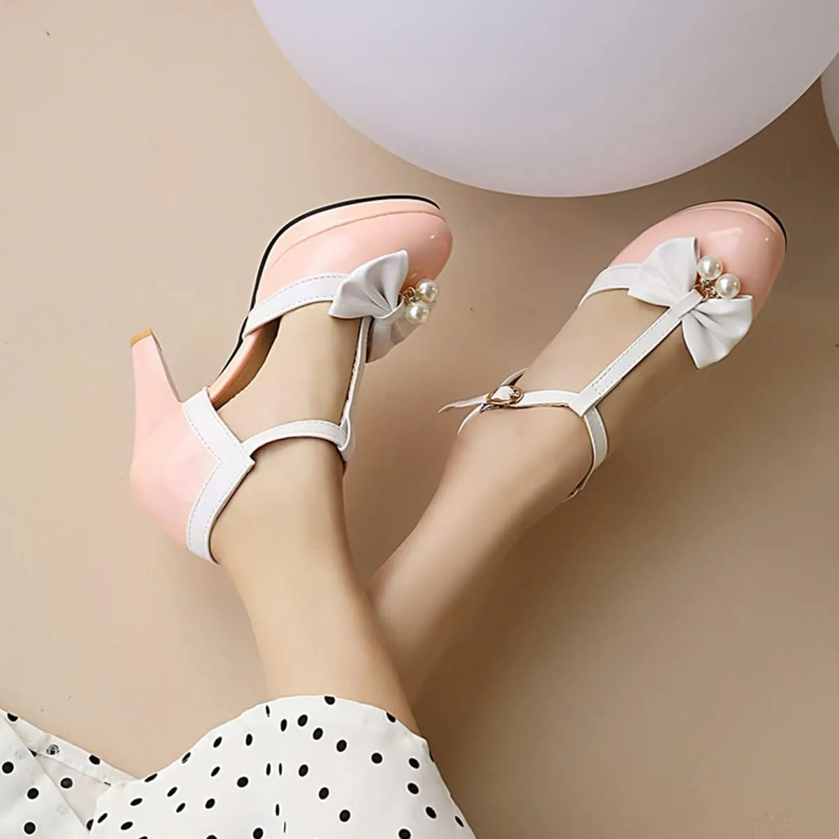 SHEMEE Women's Patent Leather T-Strap Mary Jane Pumps Chunky High Heel Platform Ankle Strap Buckle Round Toe Cute Bow Kawaii Cosplay Shoes