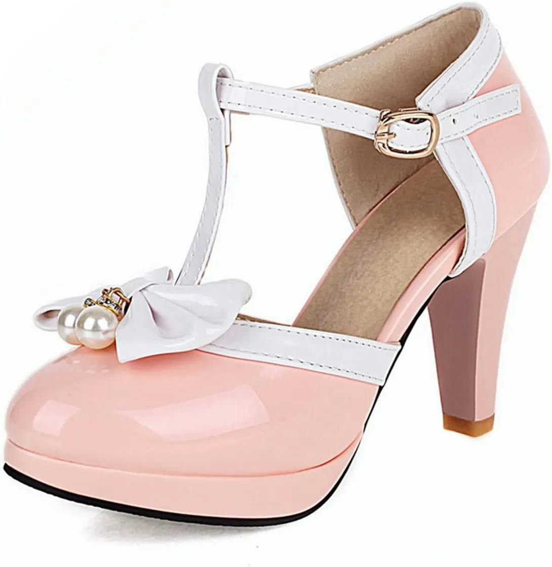 SHEMEE Women's Patent Leather T-Strap Mary Jane Pumps Chunky High Heel Platform Ankle Strap Buckle Round Toe Cute Bow Kawaii Cosplay Shoes