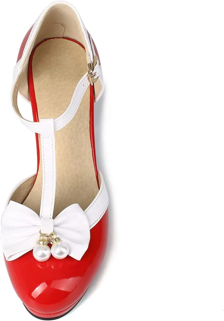 SHEMEE Women's Patent Leather T-Strap Mary Jane Pumps Chunky High Heel Platform Ankle Strap Buckle Round Toe Cute Bow Kawaii Cosplay Shoes