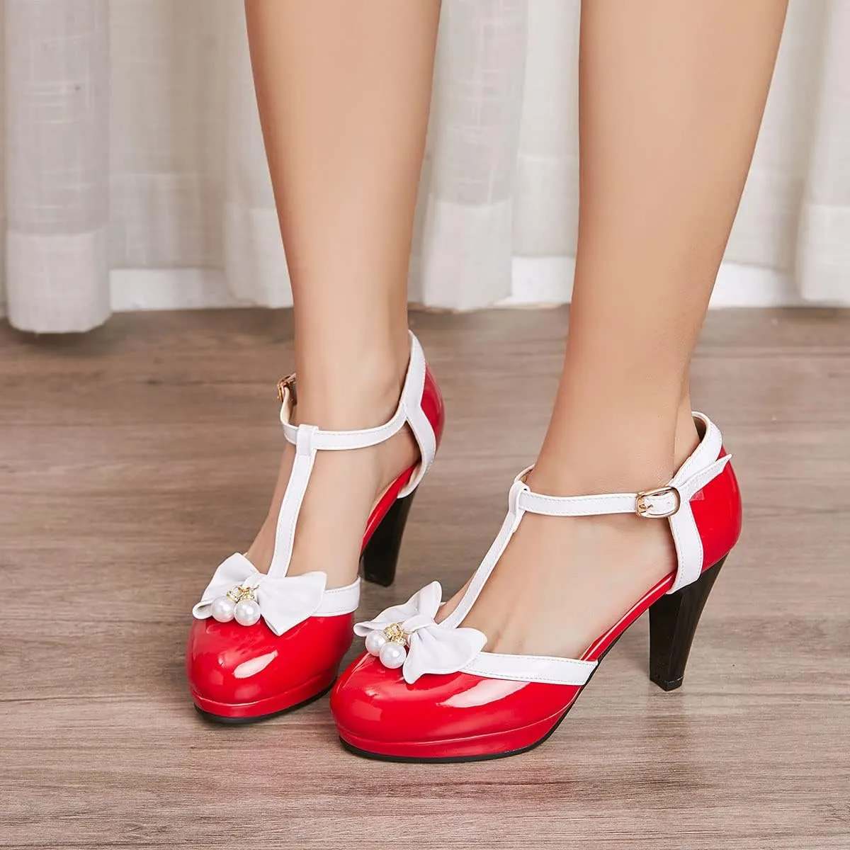 SHEMEE Women's Patent Leather T-Strap Mary Jane Pumps Chunky High Heel Platform Ankle Strap Buckle Round Toe Cute Bow Kawaii Cosplay Shoes