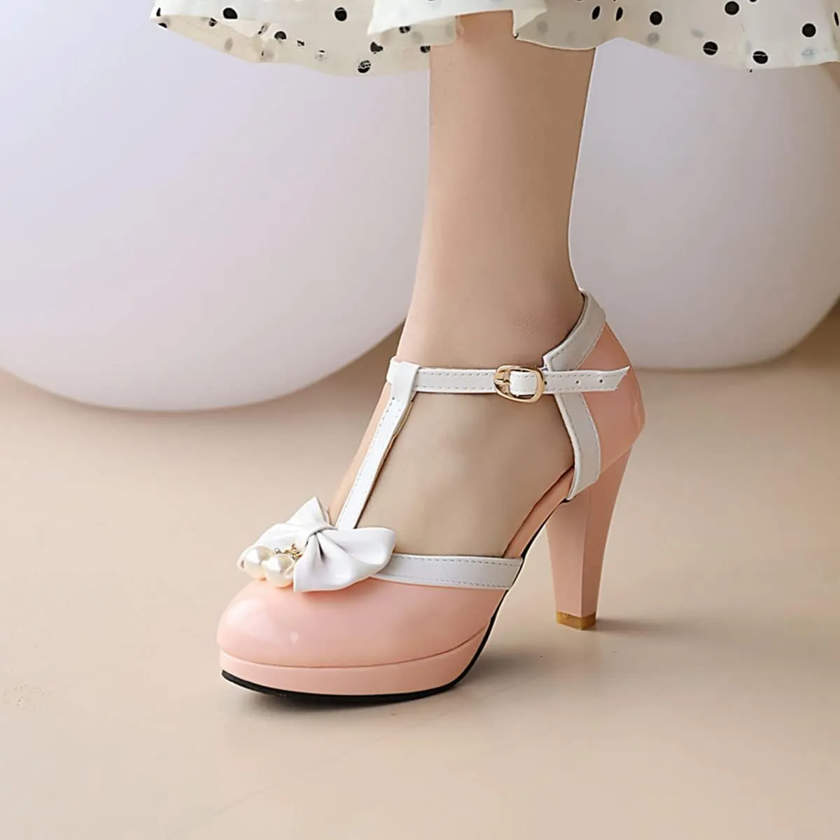 SHEMEE Women's Patent Leather T-Strap Mary Jane Pumps Chunky High Heel Platform Ankle Strap Buckle Round Toe Cute Bow Kawaii Cosplay Shoes