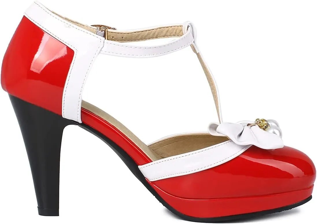 SHEMEE Women's Patent Leather T-Strap Mary Jane Pumps Chunky High Heel Platform Ankle Strap Buckle Round Toe Cute Bow Kawaii Cosplay Shoes
