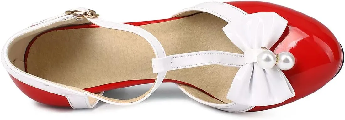 SHEMEE Women's Patent Leather T-Strap Mary Jane Pumps Chunky High Heel Platform Ankle Strap Buckle Round Toe Cute Bow Kawaii Cosplay Shoes
