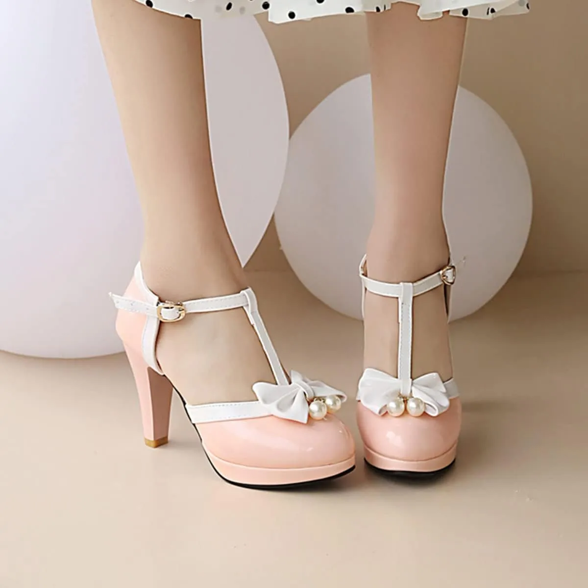 SHEMEE Women's Patent Leather T-Strap Mary Jane Pumps Chunky High Heel Platform Ankle Strap Buckle Round Toe Cute Bow Kawaii Cosplay Shoes