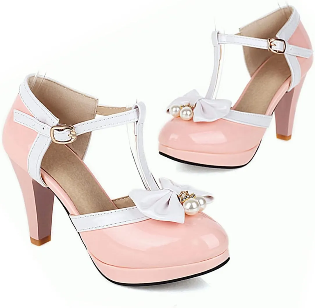 SHEMEE Women's Patent Leather T-Strap Mary Jane Pumps Chunky High Heel Platform Ankle Strap Buckle Round Toe Cute Bow Kawaii Cosplay Shoes