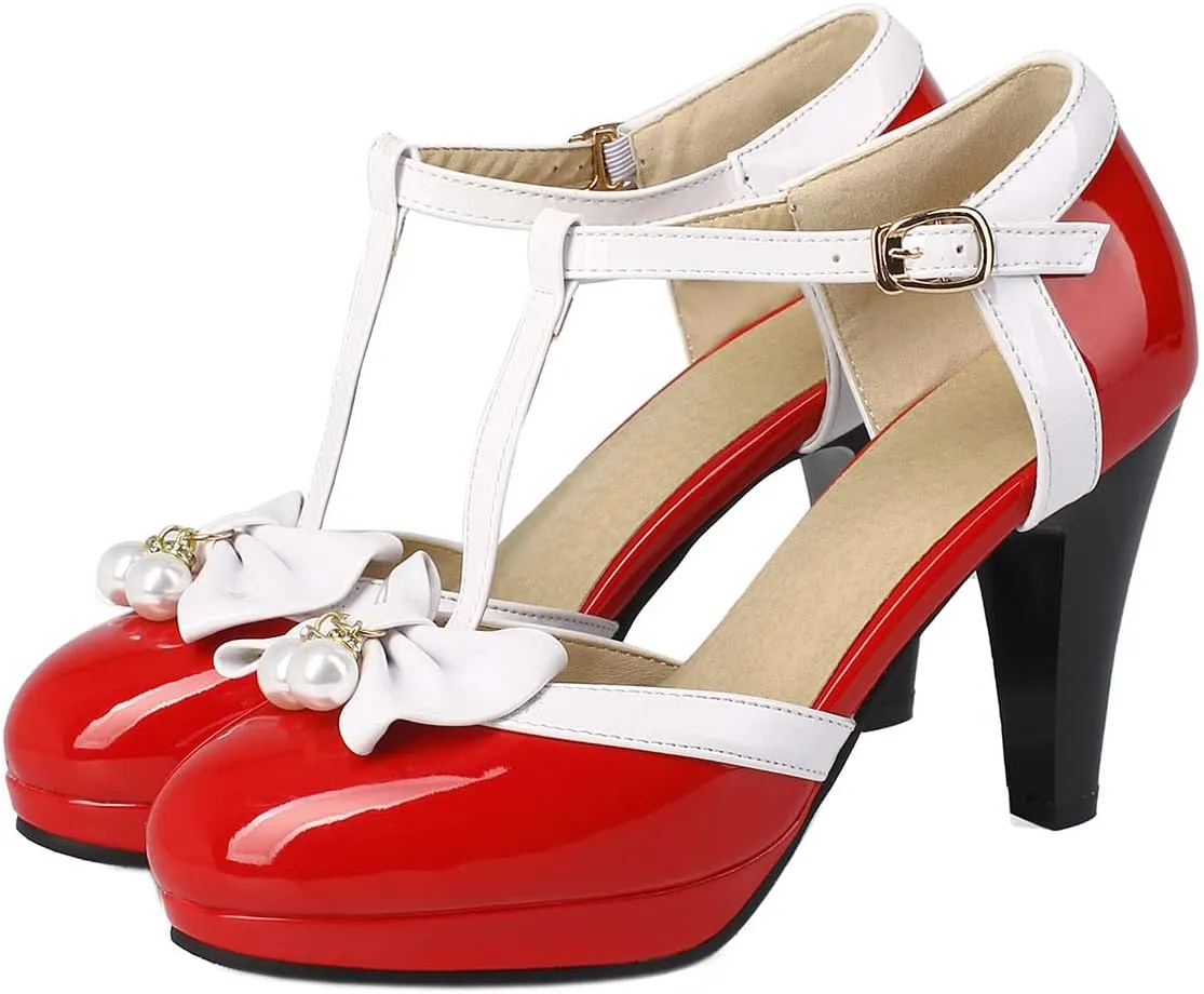 SHEMEE Women's Patent Leather T-Strap Mary Jane Pumps Chunky High Heel Platform Ankle Strap Buckle Round Toe Cute Bow Kawaii Cosplay Shoes
