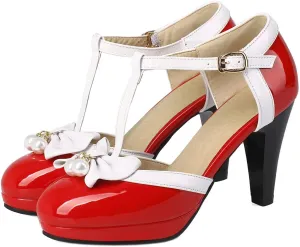 SHEMEE Women's Patent Leather T-Strap Mary Jane Pumps Chunky High Heel Platform Ankle Strap Buckle Round Toe Cute Bow Kawaii Cosplay Shoes
