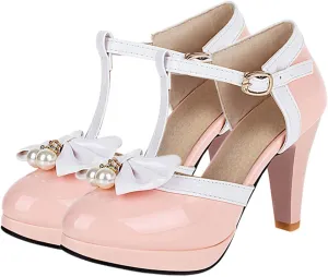 SHEMEE Women's Patent Leather T-Strap Mary Jane Pumps Chunky High Heel Platform Ankle Strap Buckle Round Toe Cute Bow Kawaii Cosplay Shoes