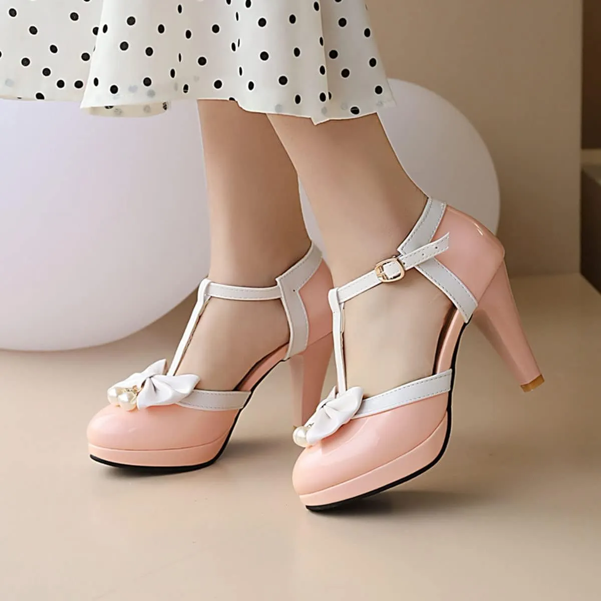 SHEMEE Women's Patent Leather T-Strap Mary Jane Pumps Chunky High Heel Platform Ankle Strap Buckle Round Toe Cute Bow Kawaii Cosplay Shoes