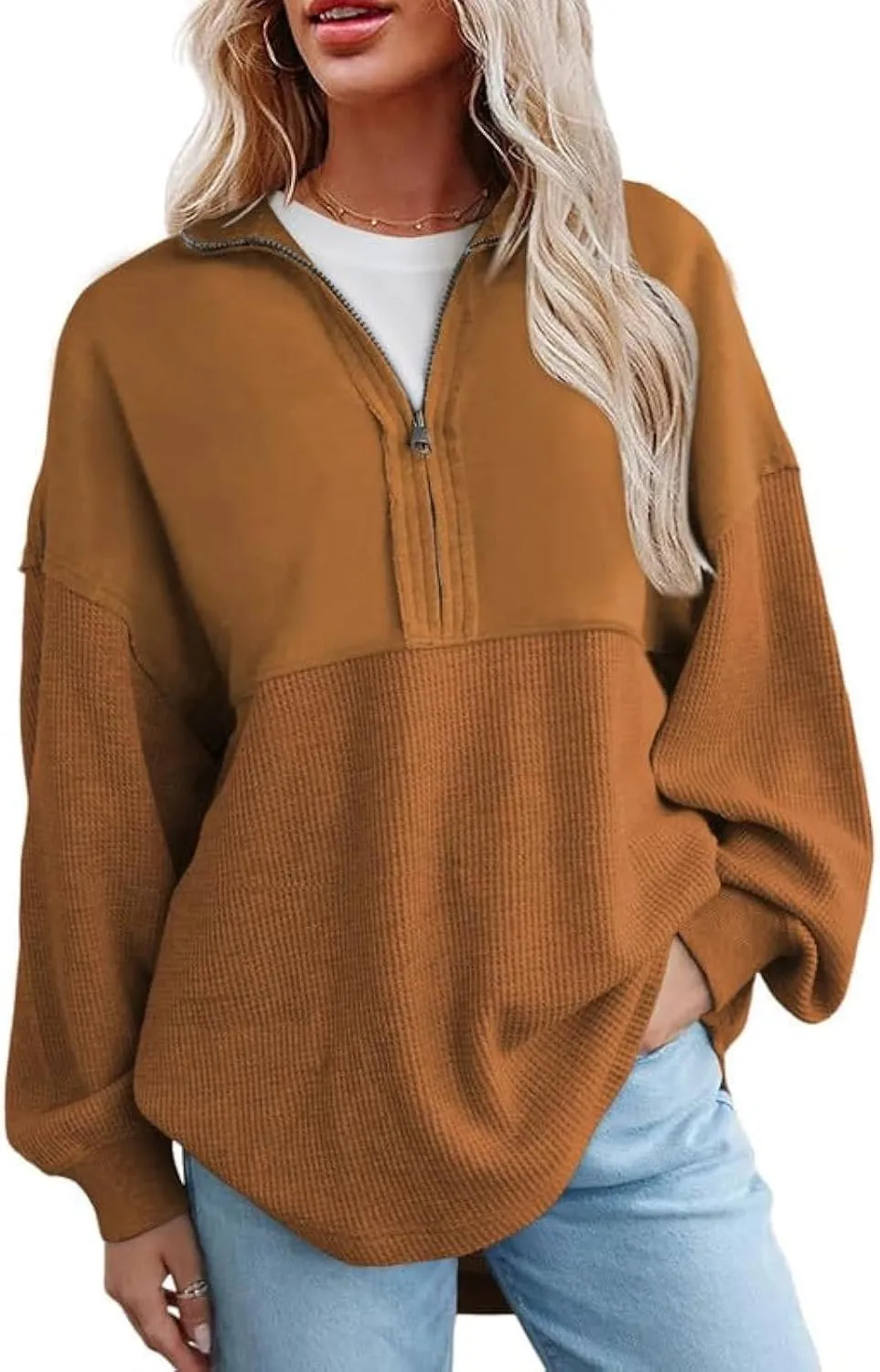 SHEWIN Womens Sweatshirt Casual Waffle Knit Half Zip Pullover Loose Long Sleeve Tops Fall Outfit Clothes 2025